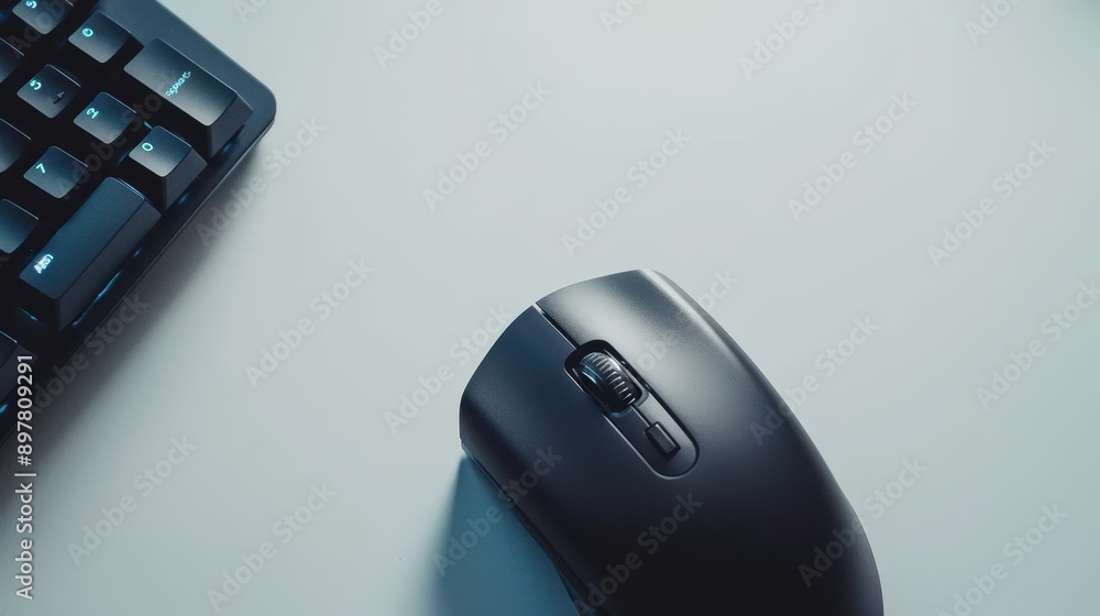 Poster sleek black wireless mouse and keyboard on a gray desk create a stylish workspace, perfect for moder