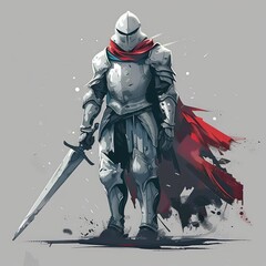 Obraz premium Knight in Shining Armor with Sword and Red Cloak