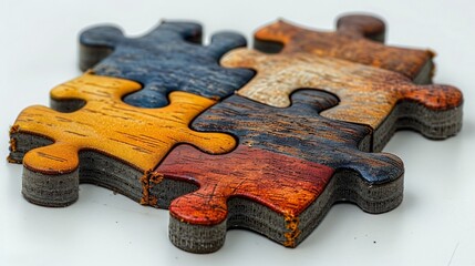3D jigsaw puzzle pieces fitting together on a white background