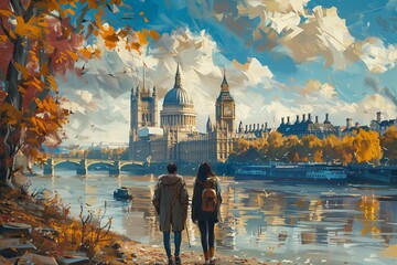 Obraz premium Couple Walking Along the Thames River in Front of the Houses of Parliament in London on a Sunny Autumn Day