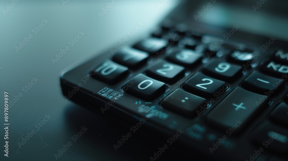 Poster calculator sits on a desk, indicating financial computations in progress