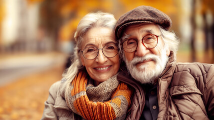 Elderly happy senior couple with a smile, smiling at the camera. The woman with a coat and an orange scarf, the man with a white beard, is wearing a brown jacket. autumn leaves in golden hues