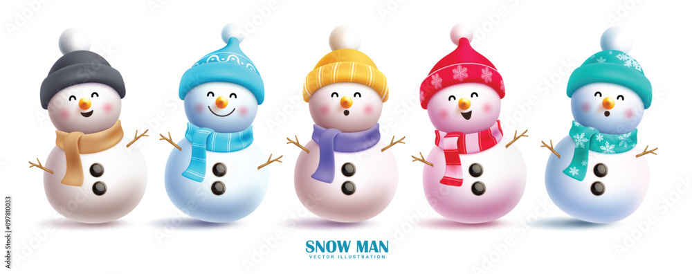 Poster christmas snowman characters vector set design. snow man 3d character with cute and friendly faces i