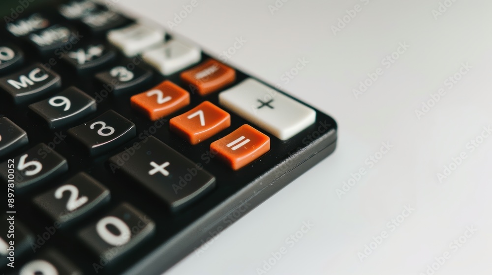Poster Black calculator with circular orange number buttons and white symbol buttons rests on a white surface