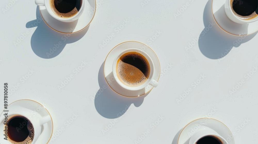 Poster multiple white coffee cups and saucers creating shadows on a simple white table backdrop