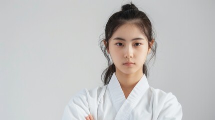 Korean girl with a steady gaze and strong stance on a white background radiating determination