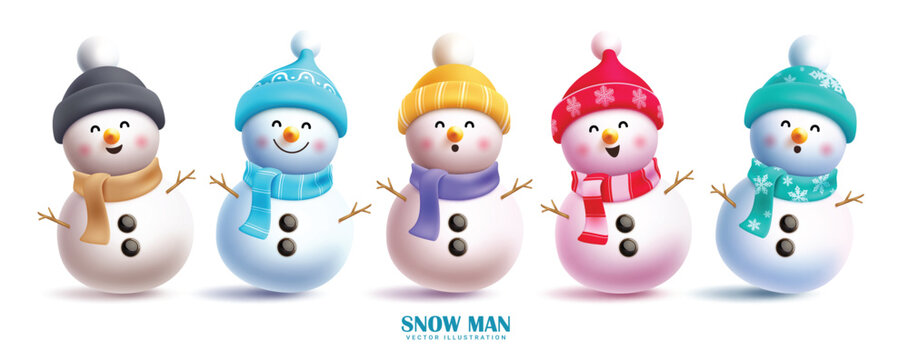 Christmas snowman characters vector set design. Snow man 3d character with cute and friendly faces in colorful hat, scarf and twig elements isolated in snow winter background. Vector illustration xmas