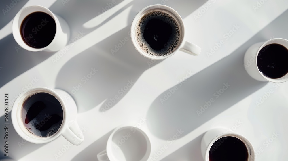 Aufkleber top view of multiple white coffee cups creating elongated shadows on a sunlit white table