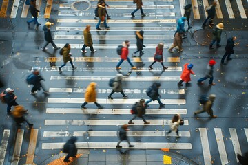 Obraz premium Busy City Street Crosswalk With People Walking in the Rain