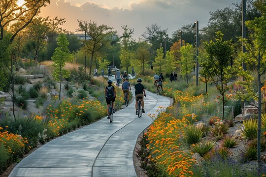 Bikers Enjoying A Scenic Evening Ride Along A Paved Path In A Park