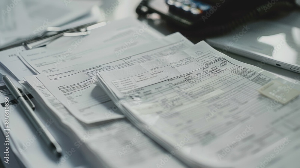 Aufkleber accountant reviewing financial report with charts and graphs in a stack of paperwork
