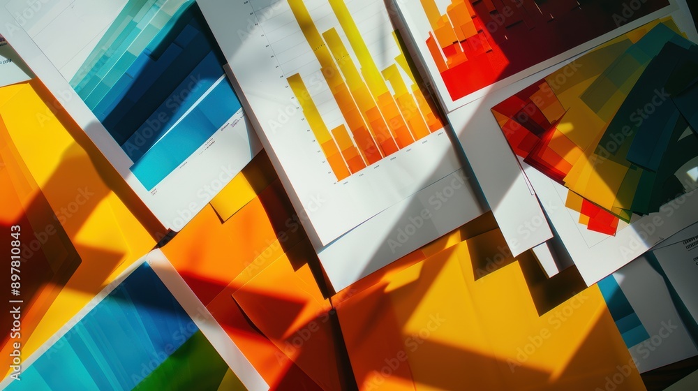 Poster colorful charts and graphs with bold shadows on a desk in a busy office. sunlight creates abstract p