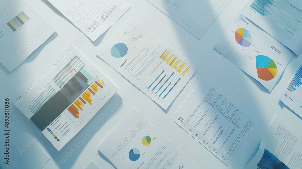Poster financial data background with various charts and documents laying on a white desktop