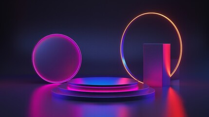 Abstract neon shapes in a dark futuristic setting