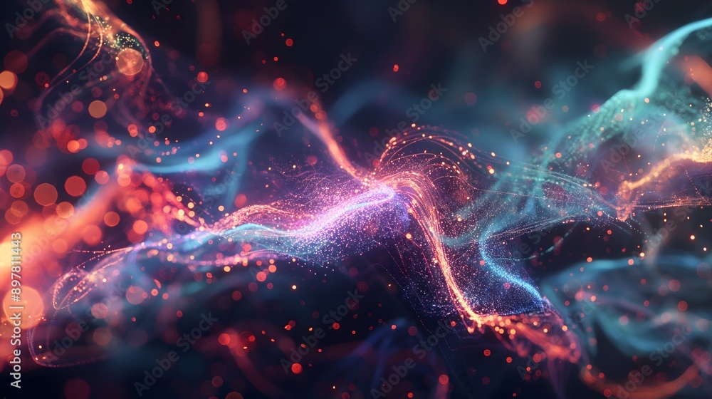 Poster 43. create an abstract 3d rendered background of pulsating energy fields and digital textures.