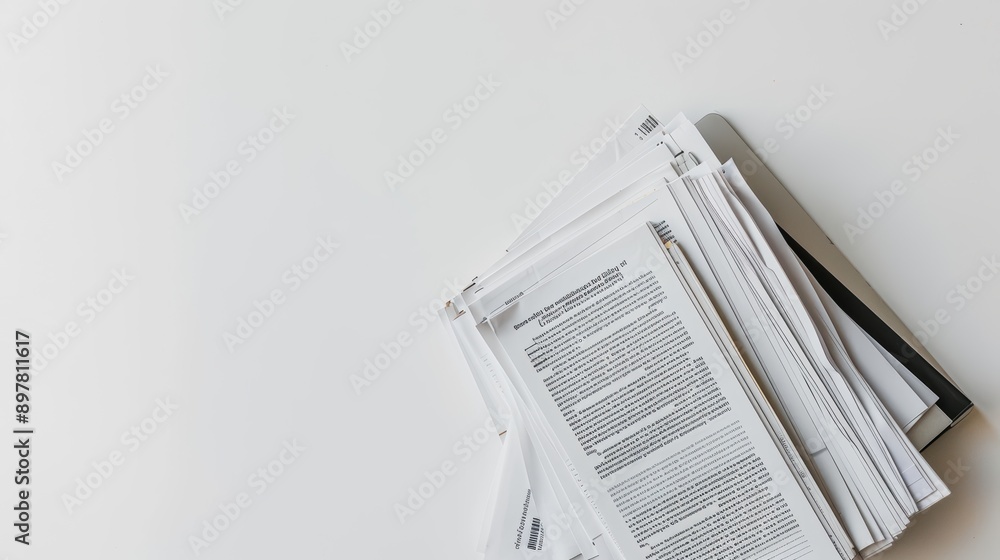 Poster pile of documents with text on white table creating abstract background with space for text