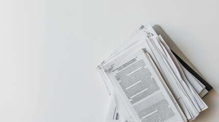 Pile of documents with text on white table creating abstract background with space for text