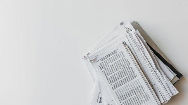 Pile of documents with text on white table creating abstract background with space for text