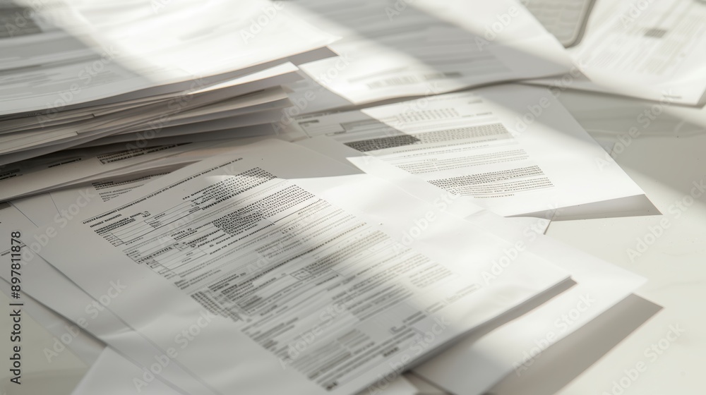 Poster stack of paperwork with data and numbers is lit by a bright window light casting shadows on a white 