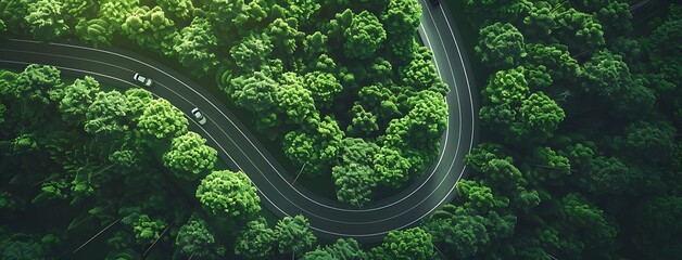 Nature's Highway Top-Down View of Cars on Forest Road