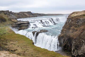 Gullfoss waterfall, Iceland, on a cloudy summer day