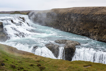 Gullfoss waterfall, Iceland, on a cloudy summer day