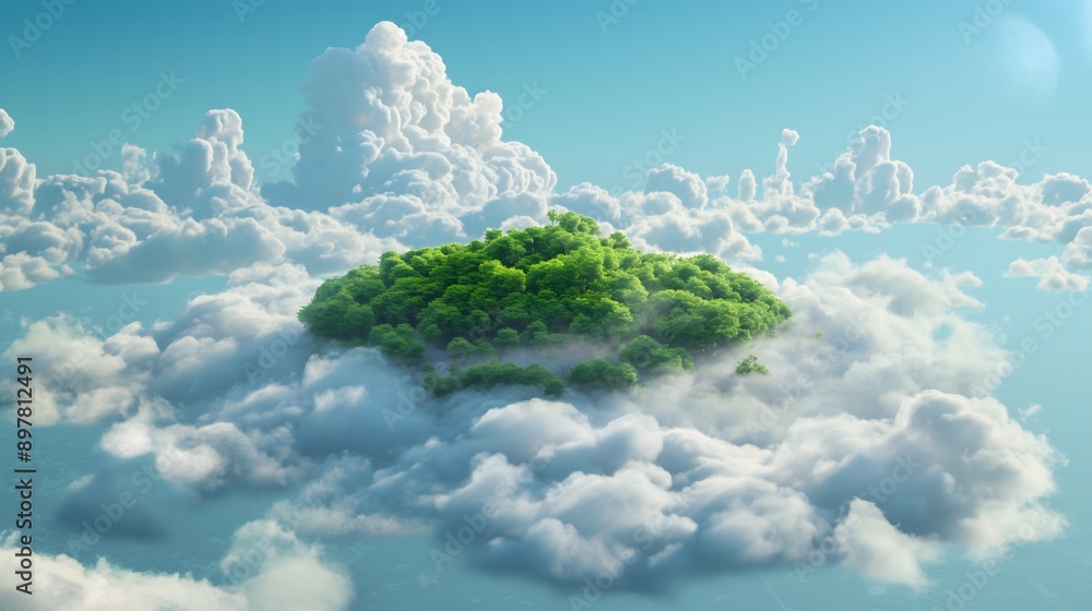 Poster 33. Design a whimsical 3D rendered background of a floating island surrounded by fluffy clouds.