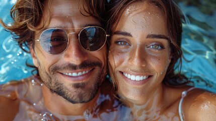 
Couple in summer at hotel pool with cocktails wearing sunglasses. Holiday resort, travel, and vacation concept