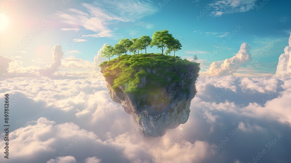 Poster 33. design a whimsical 3d rendered background of a floating island surrounded by fluffy clouds.