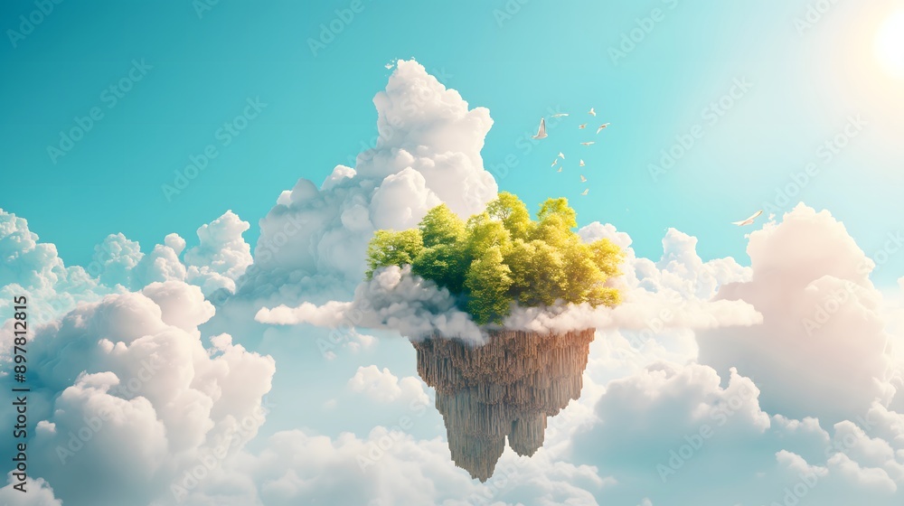 Poster 33. design a whimsical 3d rendered background of a floating island surrounded by fluffy clouds.