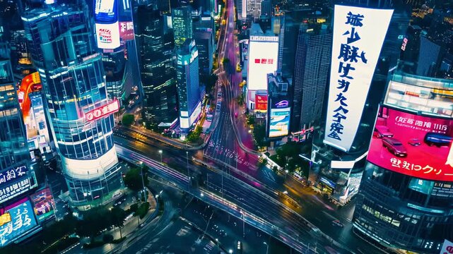 Bird's-eye view: Vibrant urban intersection bustles with neon-lit skyscrapers and billboards. Panning shot captures streaming traffic lights and illuminated streets. 