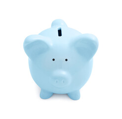 Light blue piggy bank isolated on white