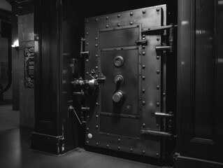 A close-up of a large, heavy metal vault door with multiple locks.  The door is closed, and the background is dark.  The image conveys a sense of security and secrecy.