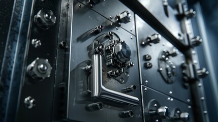 A close-up of a metal vault door with intricate locking mechanisms. The door is made of steel and has a variety of knobs, levers, and dials.