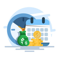 time is money concept, using time as efficiently as possible for productivity and making money, pension fund, clock, long term investment results, flat vector illustration on background.