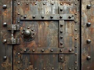 A close-up of a weathered, rusty metal door with rivets, hinges, and a lock.