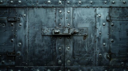 A close-up of a weathered metal door with a large latch and rivets.
