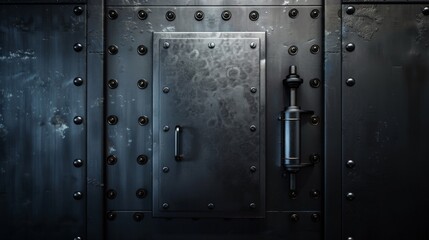 A close-up of a weathered metal door with rivets and a handle. The door has a worn, industrial aesthetic.