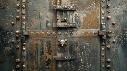 A close-up of an old, rusty metal door with intricate details and a heavy lock.