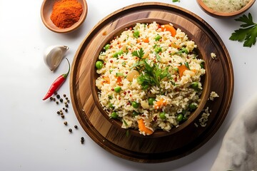 Board and plate of tasty Upma with on white background.