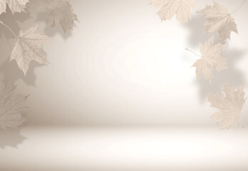 Autumn leaves in air on pastel background, toned in beige color. Space for design