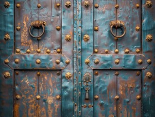 Fototapeta premium A close-up of an ornate, weathered double door with metal accents and ring pulls.