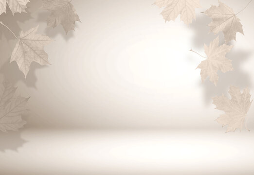 Autumn leaves in air on pastel background, toned in beige color. Space for design