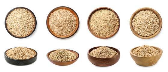 Pearl barley groats in bowls on white background, top and side views