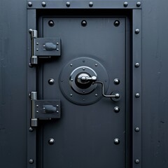 A heavy, steel vault door with a large, circular handle and multiple rivets.