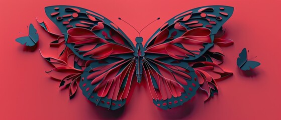 Elegant butterfly paper cut craft in bold duotone colors with fine, detailed wings