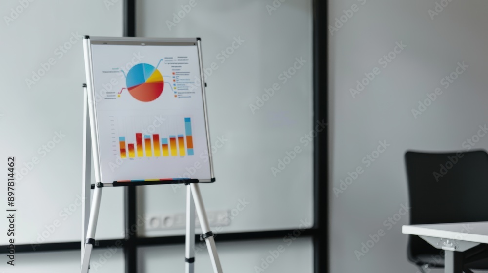 Poster whiteboard with graphs and charts stands in an empty meeting room, hinting at an upcoming presentati