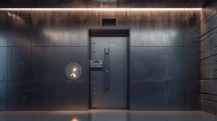 A heavy steel door with a combination lock, suggesting security and secrecy. The door is set in a dark, industrial-style interior.