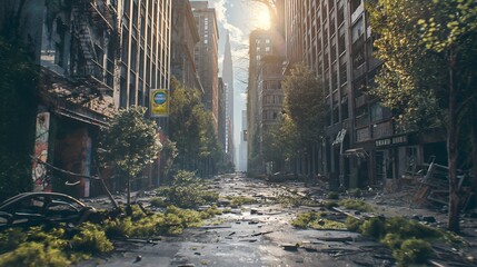 39. Create a dystopian 3D rendered background of a post-apocalyptic city reclaimed by nature.