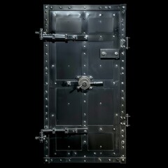 A heavy metal door with multiple locks and rivets. The door is black and has a industrial aesthetic.